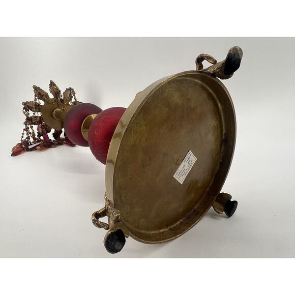 Victorian Baroque Ornate Beaded Ruby Red Glass Brass Candle Holder Prisms - Picture 10 of 11